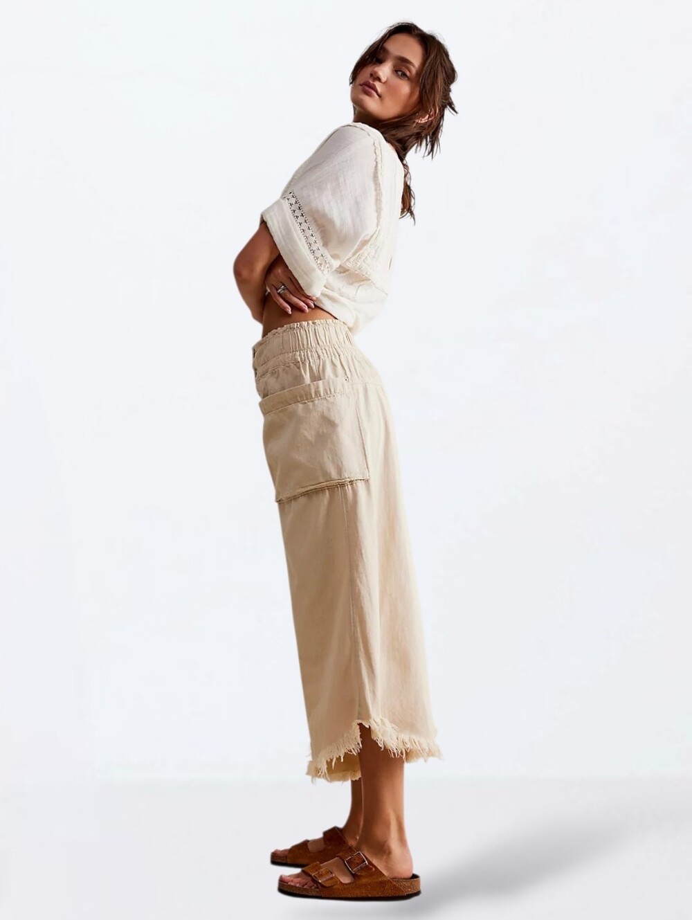 WE THE FREE Sun Setter Pull-On Cropped Wide Leg Natural Cotton Jeans
